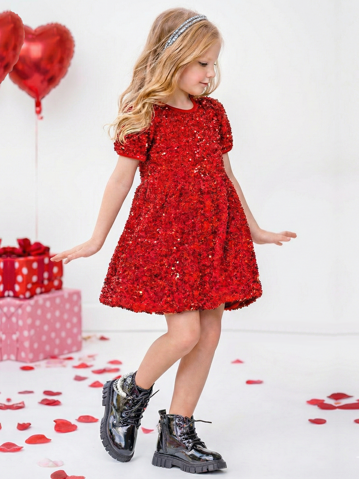 Glam Sparkle Sequin Puff Sleeve Dress