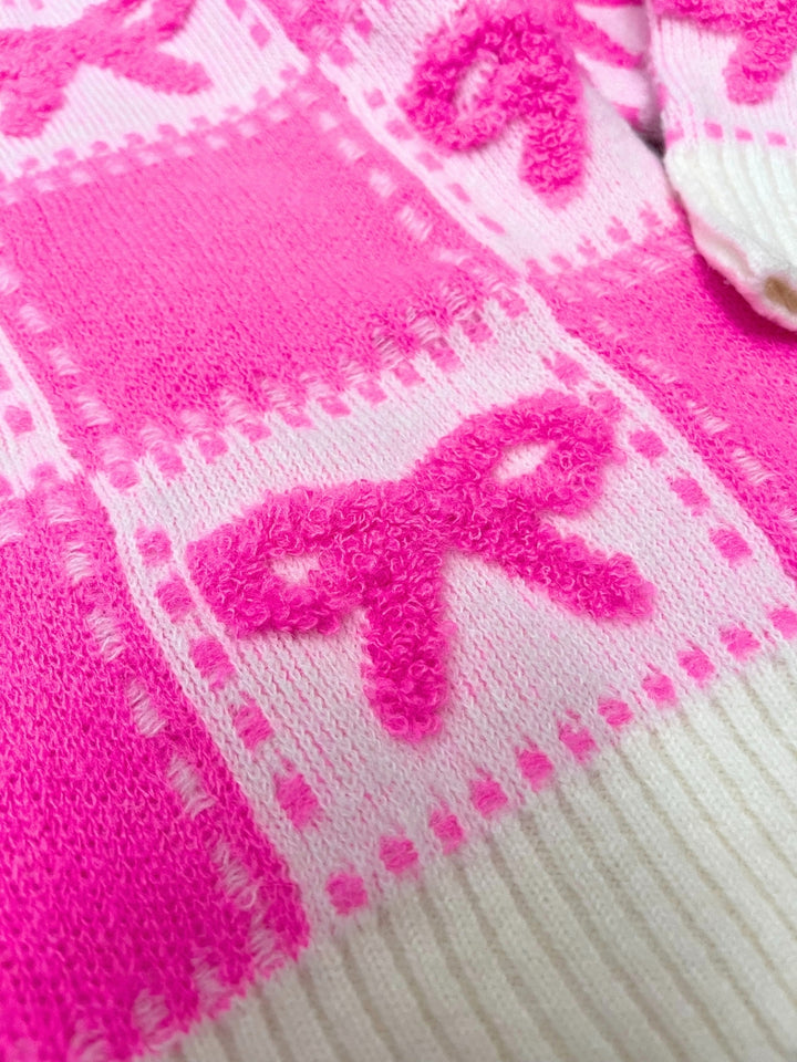 Sweet Bow Pink Checkered Knit Sweater