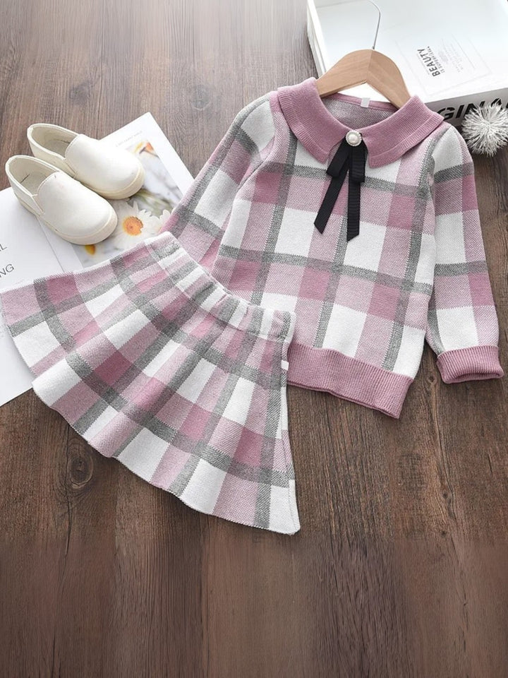 Sweet Plaid Knit Bow Top & Skirt Set