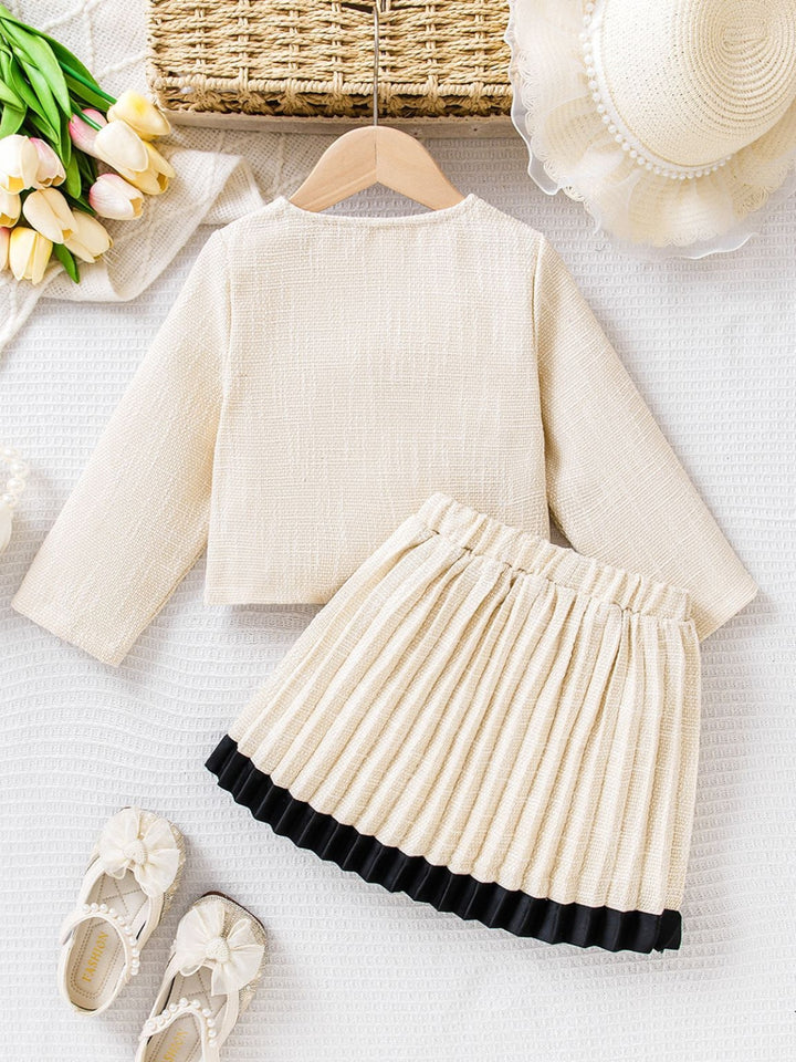 Cream Tweed Bow Jacket & Pleated Skirt Set