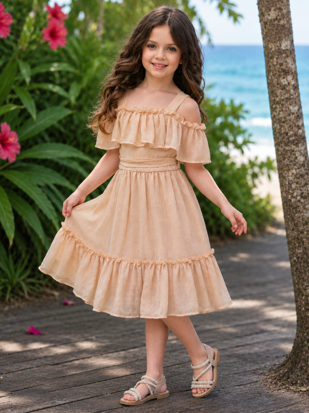 Golden Sands Ruffle Shoulder Sundress Mia Belle Girls