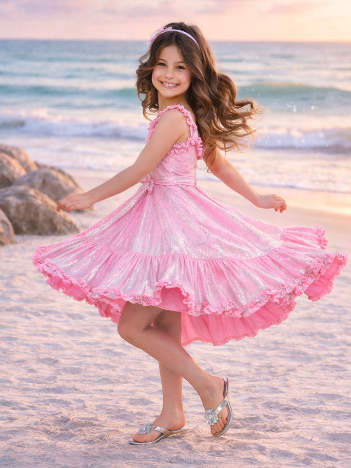 girls pink sparkle party dress with ruffle hem