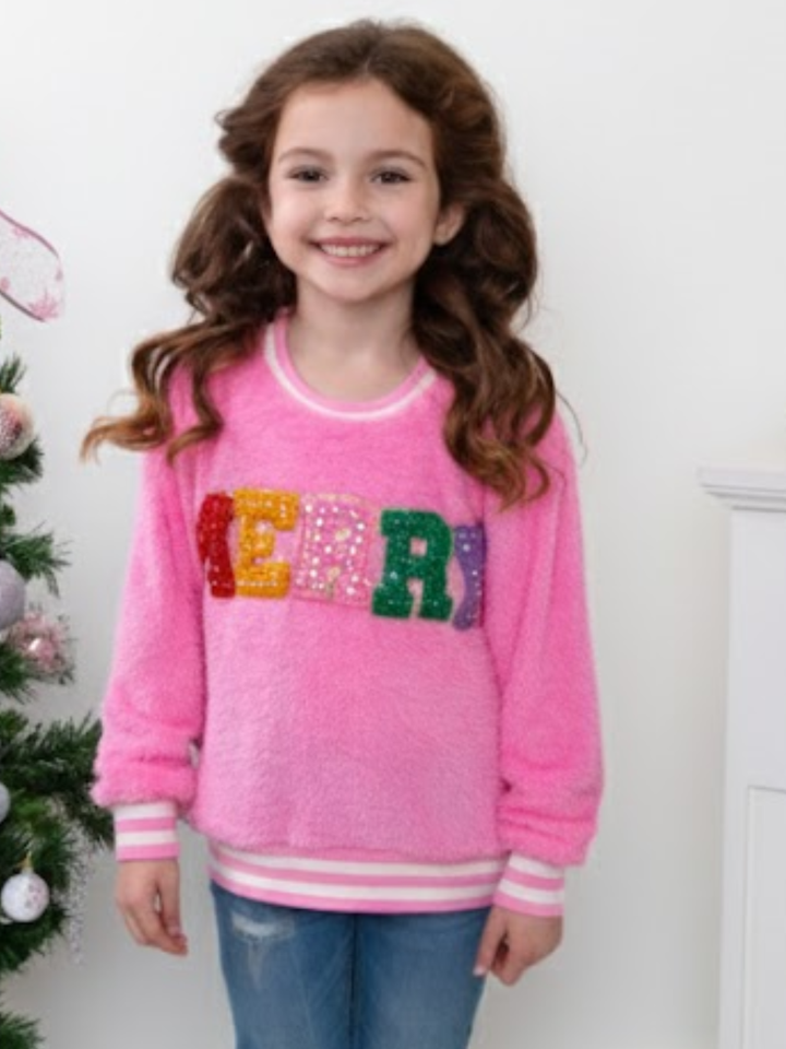 Girls Embroidered Pink Merry Furry Sweater