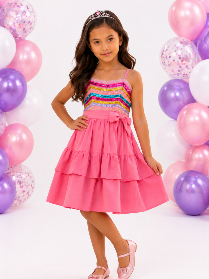 Candy Sparkle Birthday Bow Tiered Cotton Dress Mia Belle Girls