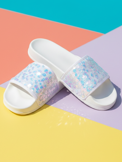 Seaside Sparkle White Sequin Slides by MB Shoes
