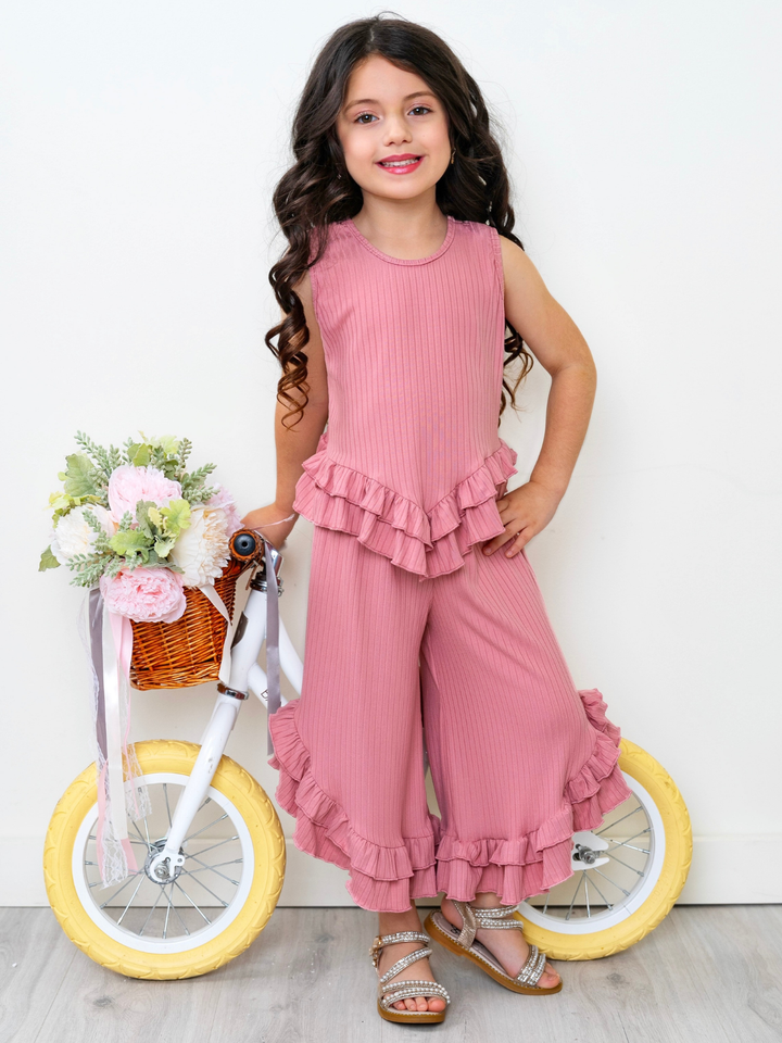 Rosewood Ribbed Ruffle Tank and Pants Set Mia Belle Girls