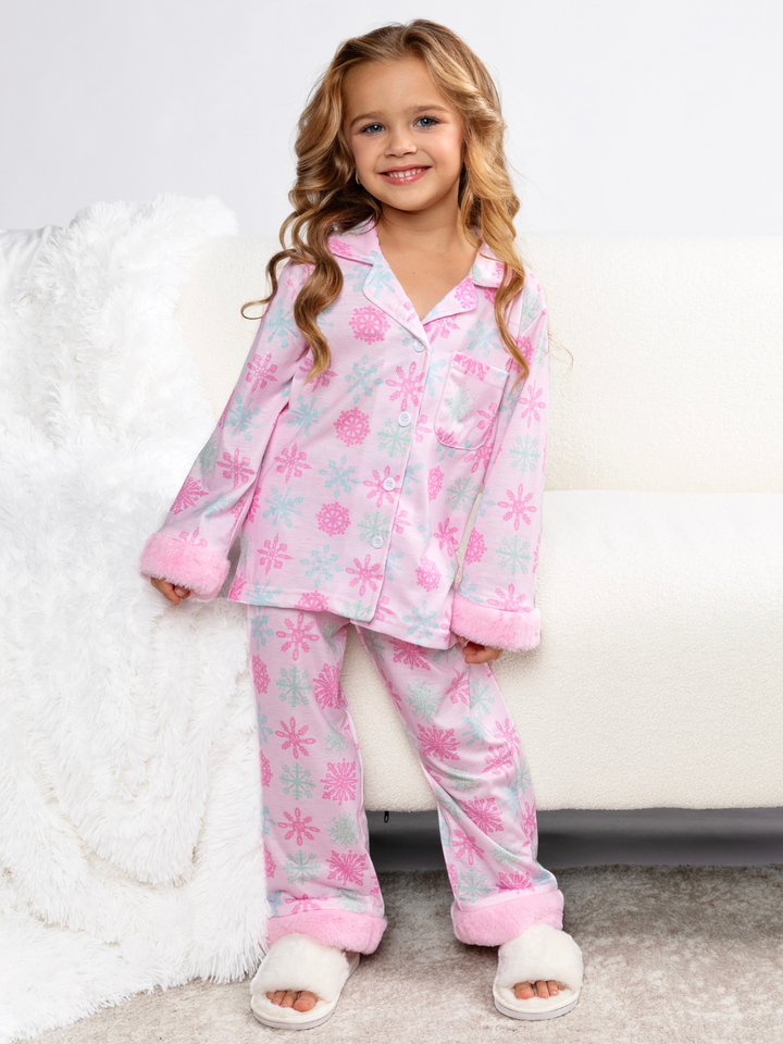 Mommy and Me Frosted Flurries Pink Snowflake Furry Pajama Set