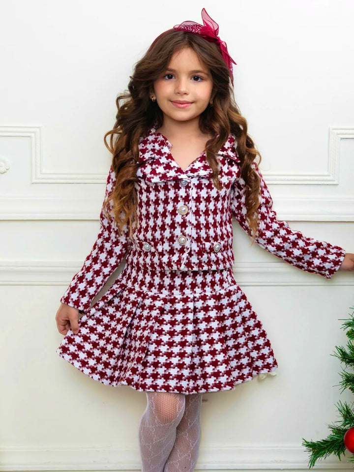 Burgundy Houndstooth Jacket and Pleated Skirt Set