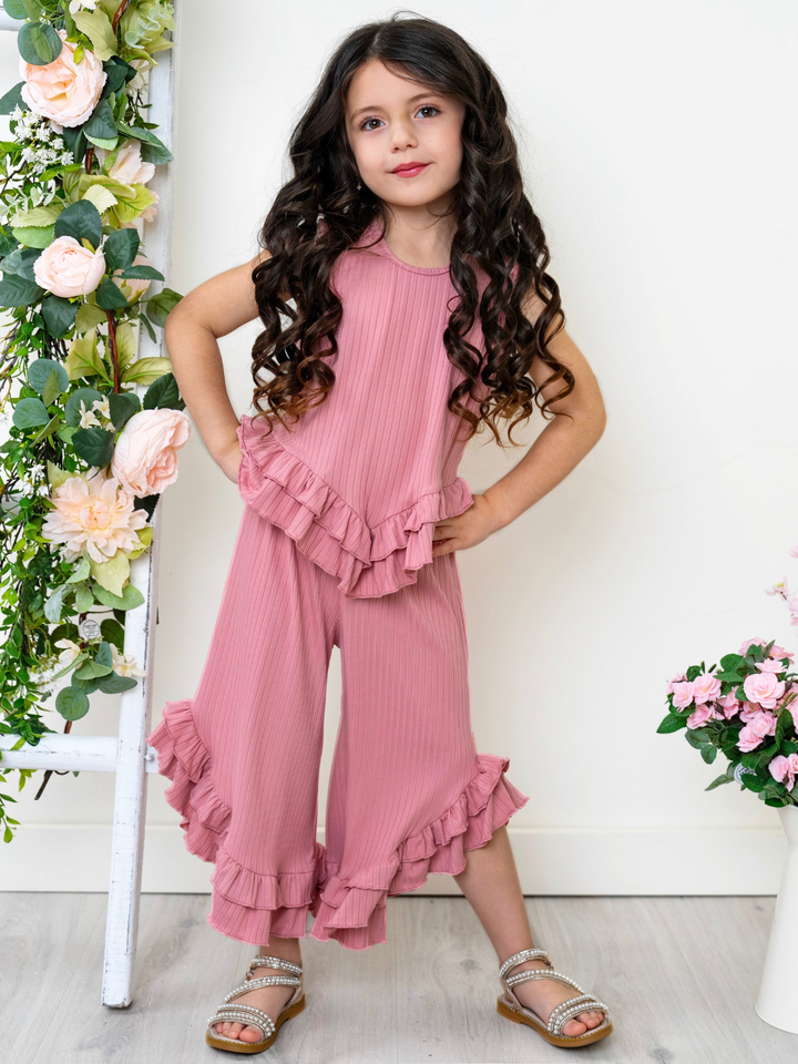 Rosewood Ribbed Ruffle Tank and Pants Set Mia Belle Girls