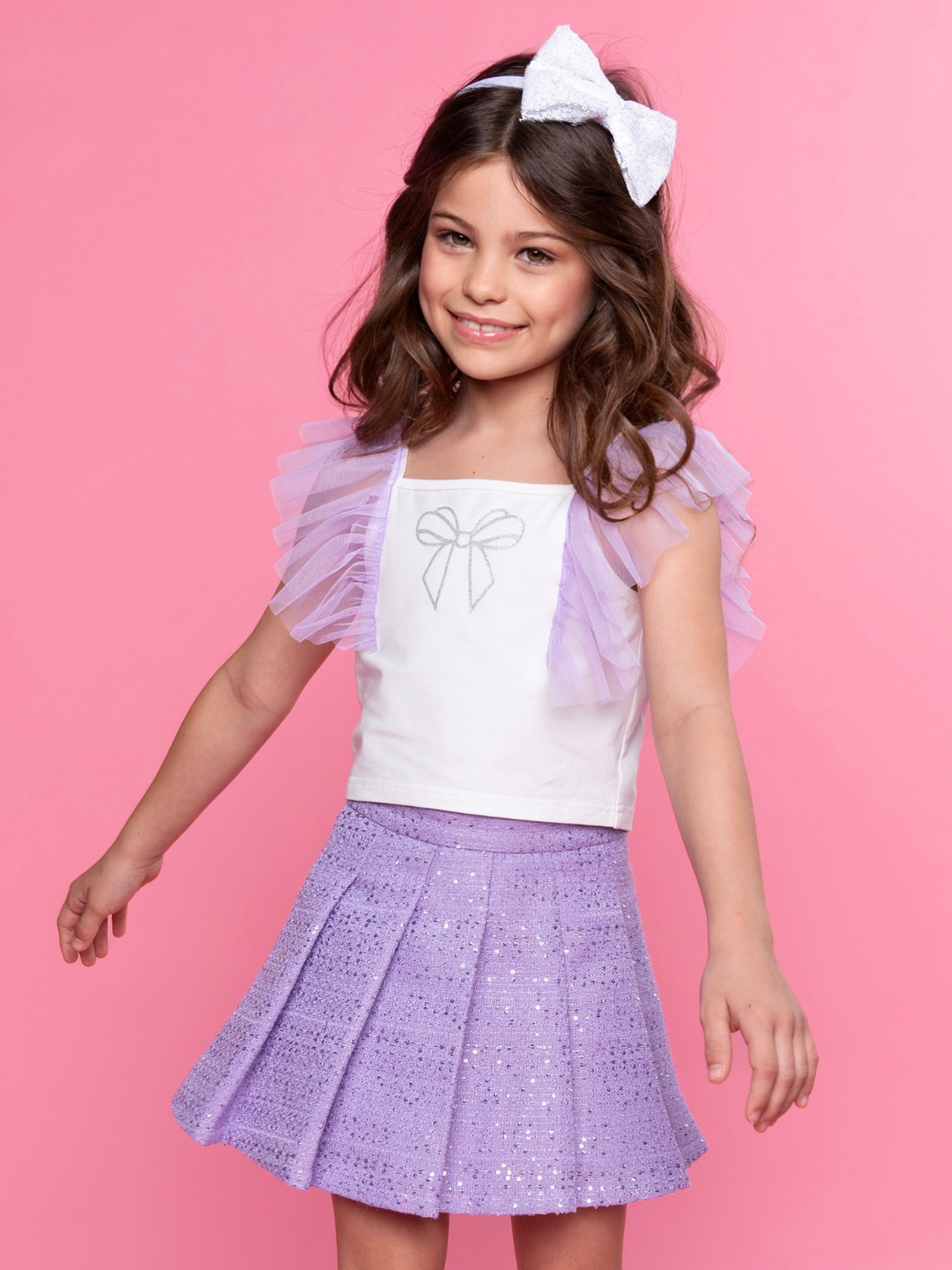 Kids lilac outfit with glitter skirt and ruffle sleeve top