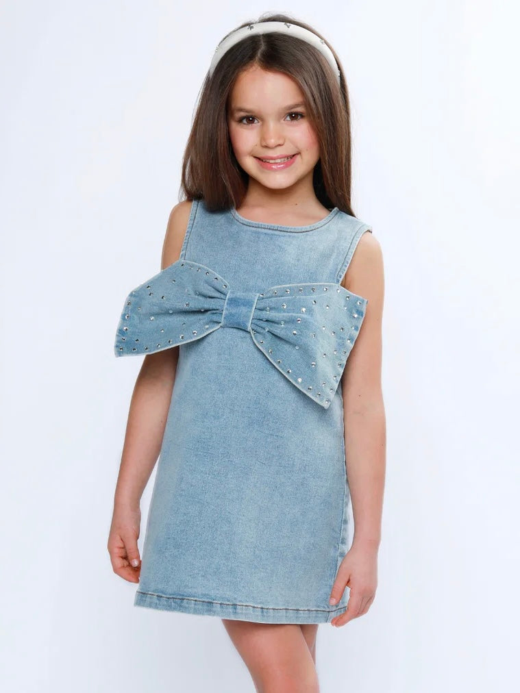 Chic Bow Rhinestone Denim Shift Dress Mia Belle Girls
