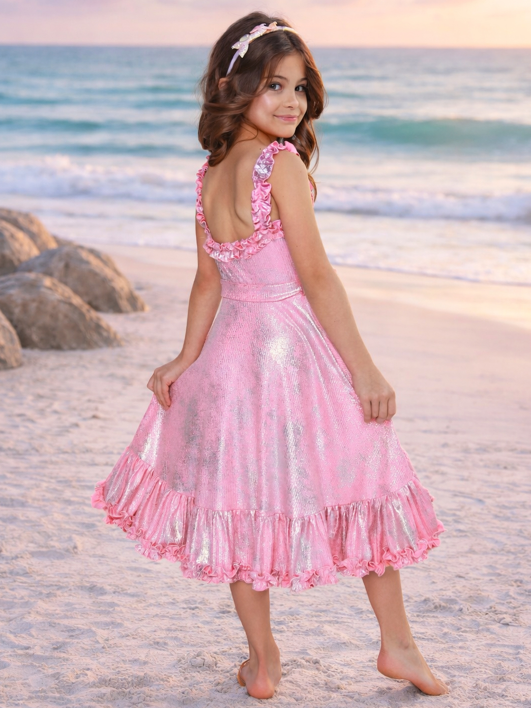 girls pink sparkle party dress with ruffle hem