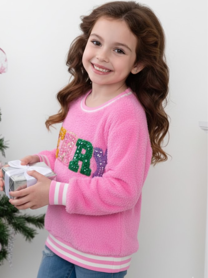 Girls Embroidered Pink Merry Furry Sweater