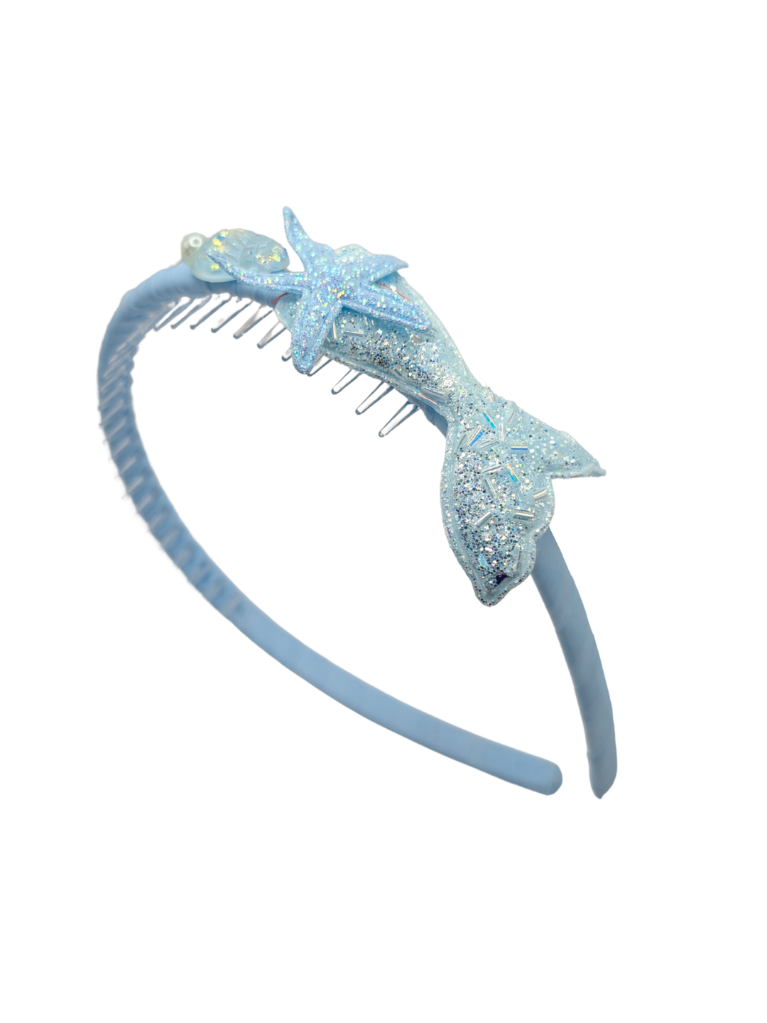 Blue mermaid headband with glitter starfish and shell detail