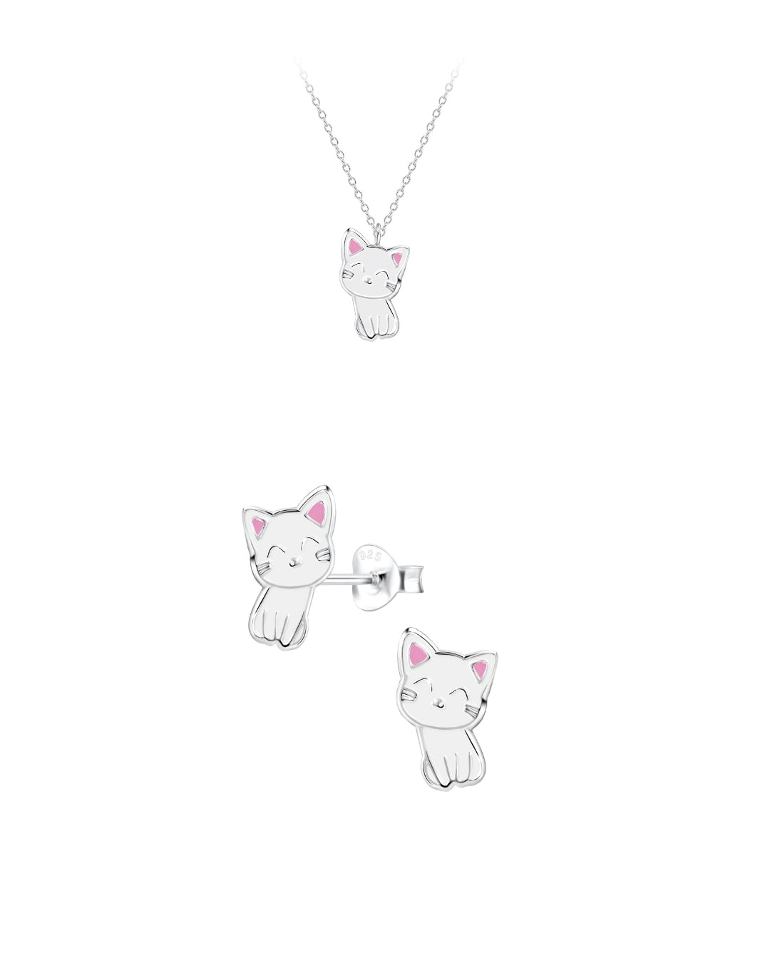 Sterling Silver Cute Cat Pendant Necklace and Earring Set