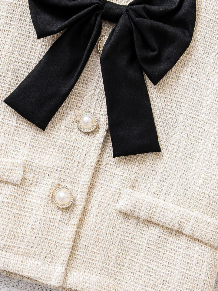 Cream Tweed Bow Jacket & Pleated Skirt Set