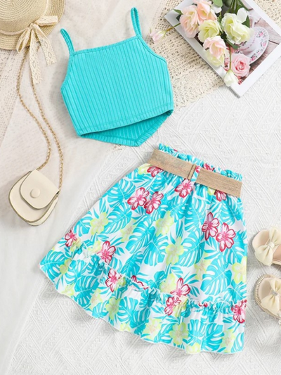 Aqua Crop Top And Floral Skirt Set | Summer Outfits | Mia Belle Girls