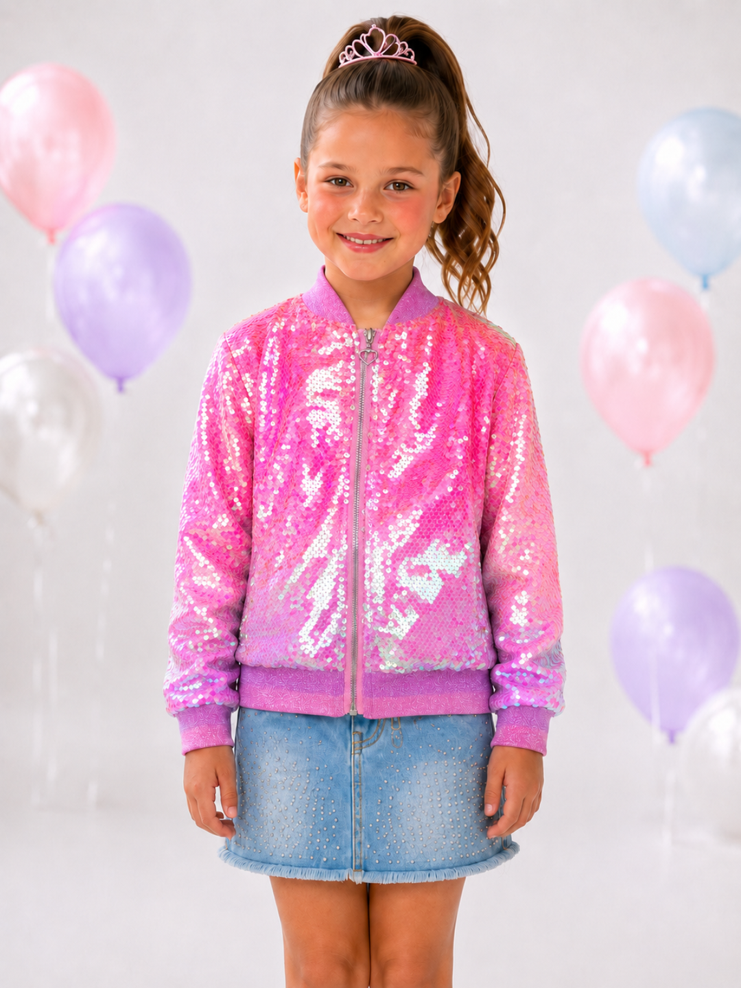 Starlight Sparkle Iridescent Sequin Bomber Jacket Mia Belle Girls
