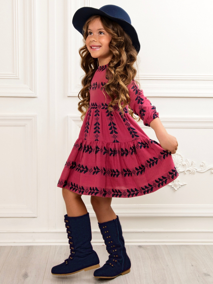 Berry Boho Embroidered Cotton Babydoll Dress