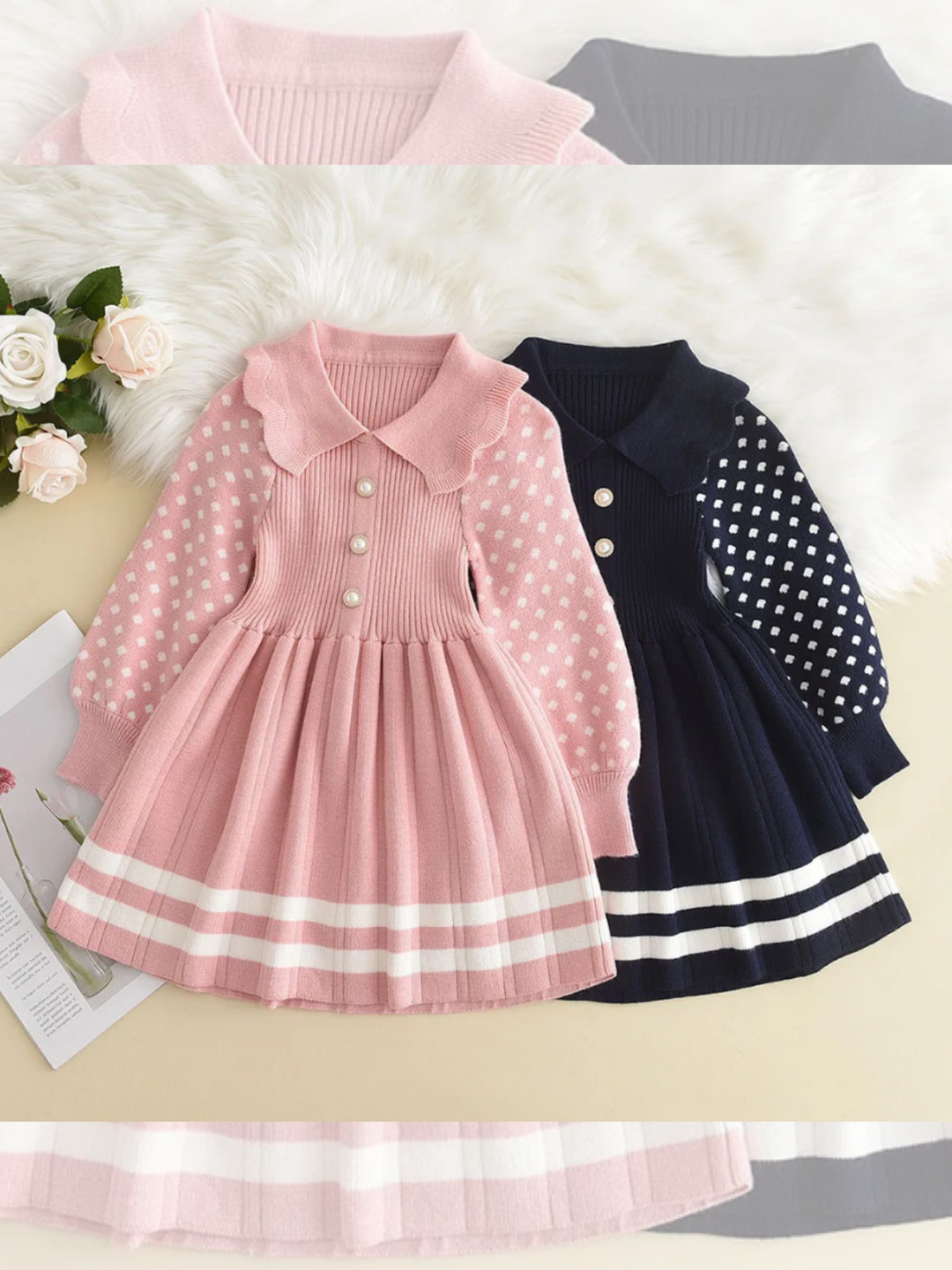 Adorable Polka Dot Sleeve Pleated Knit Dress Mia Belle Girls Adorable Polka Dot Sleeve Pleated Knit Dress Mia Belle Girls
