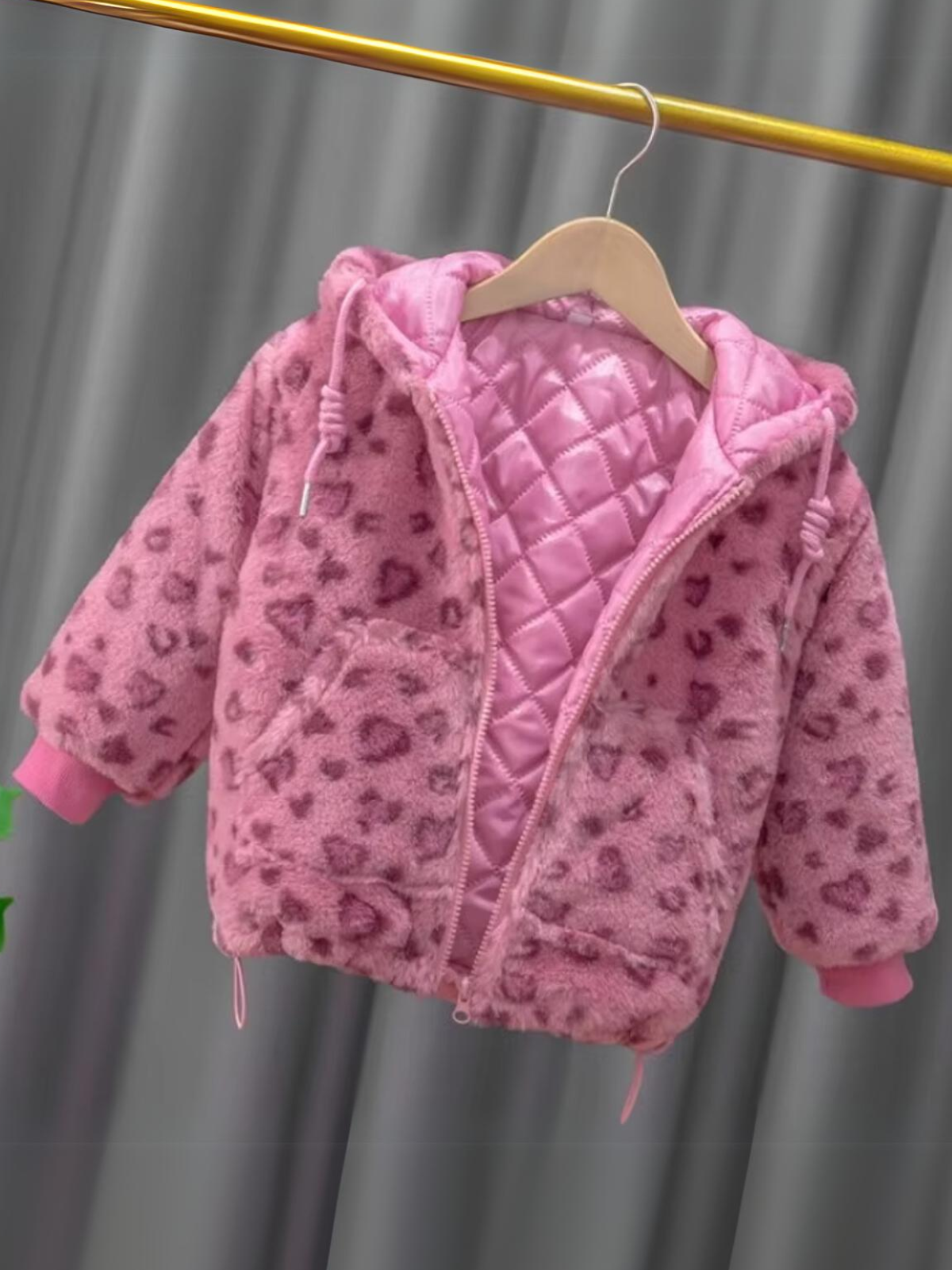 Manteau Fille Velours Floral Noir & Rose - Taille 4T, Occasion Très Bon état, Style Peacoat, Détails Léopard