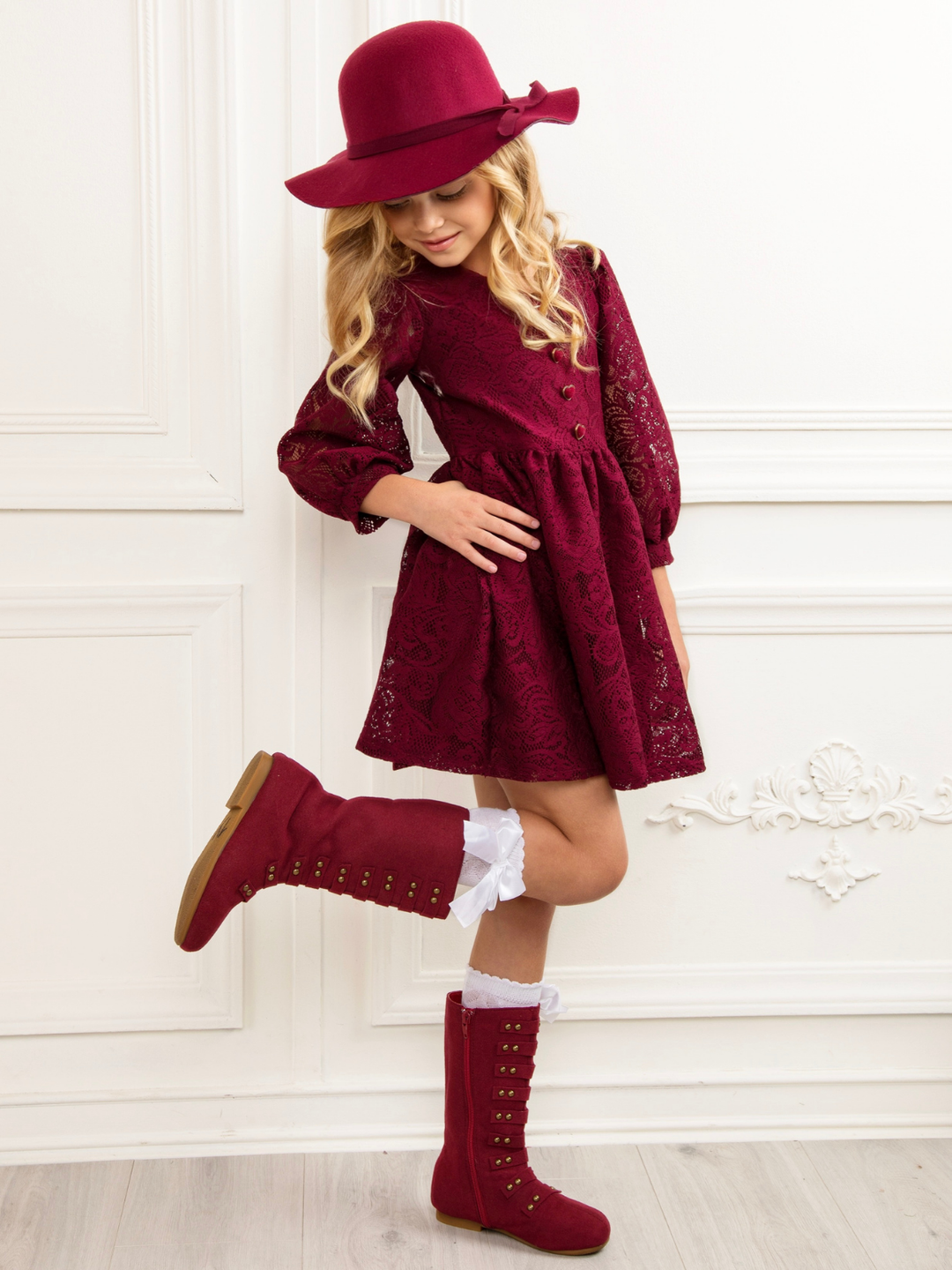 Cranberry Lace Puff Sleeve Dress