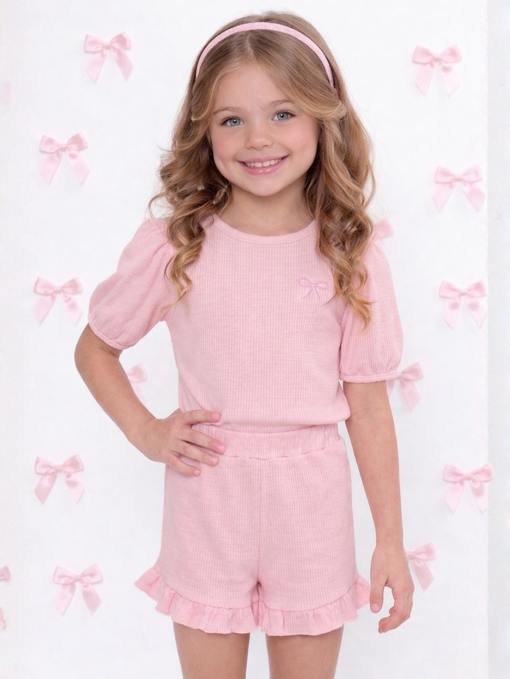 Effortless Coquette Waffle Knit Graphic Bow Top & Ruffle Short Set Mia Belle Girls