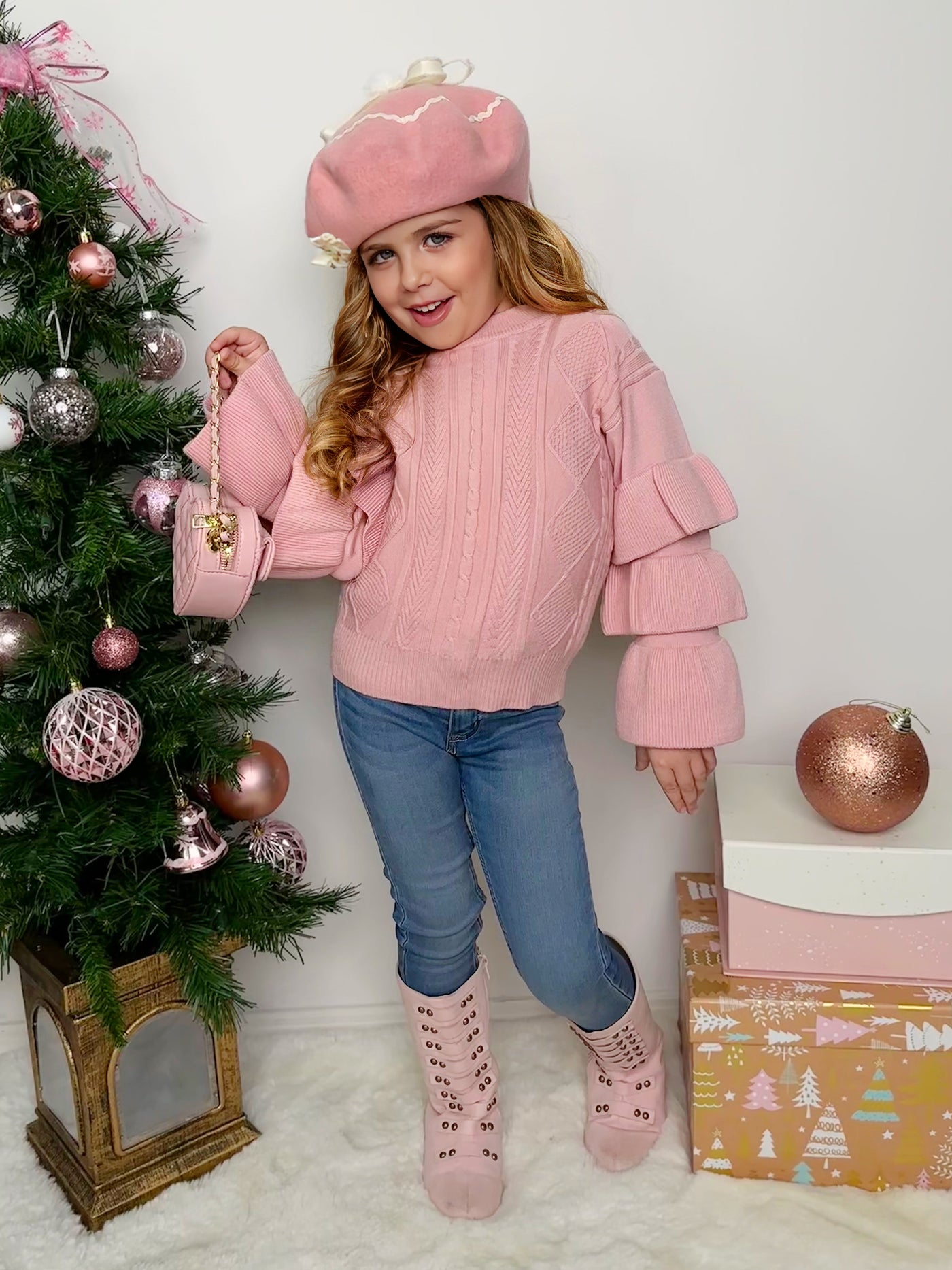 Cute Fall Sweaters | Girls Pink Three Tiered Sleeve Cable Knit Sweater