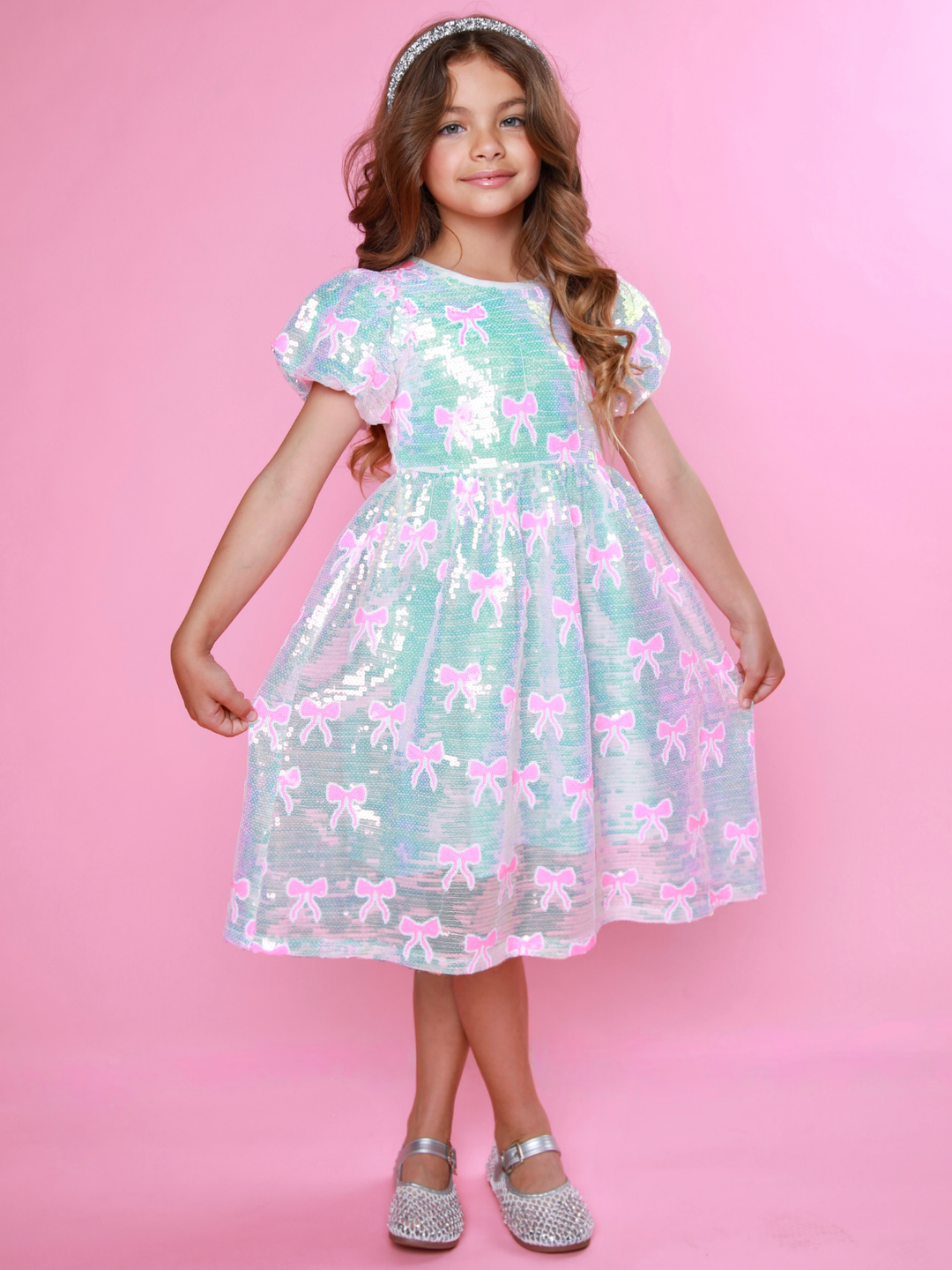 Sweet Sparkle Pink Bow Sequin Puff Sleeve Dress Mia Belle Girls