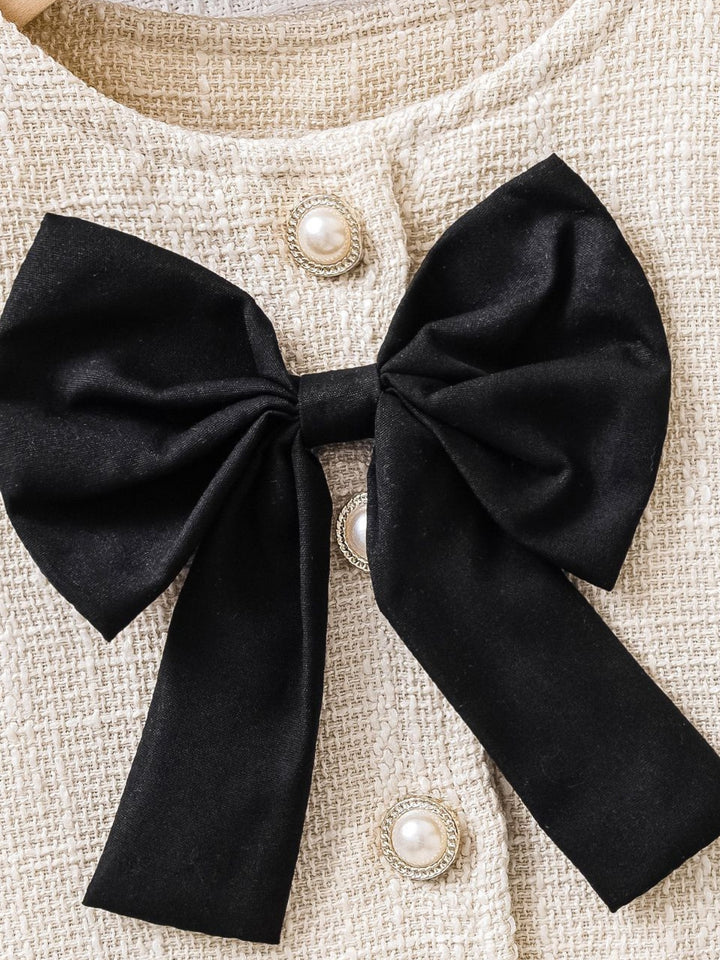 Cream Tweed Bow Jacket & Pleated Skirt Set