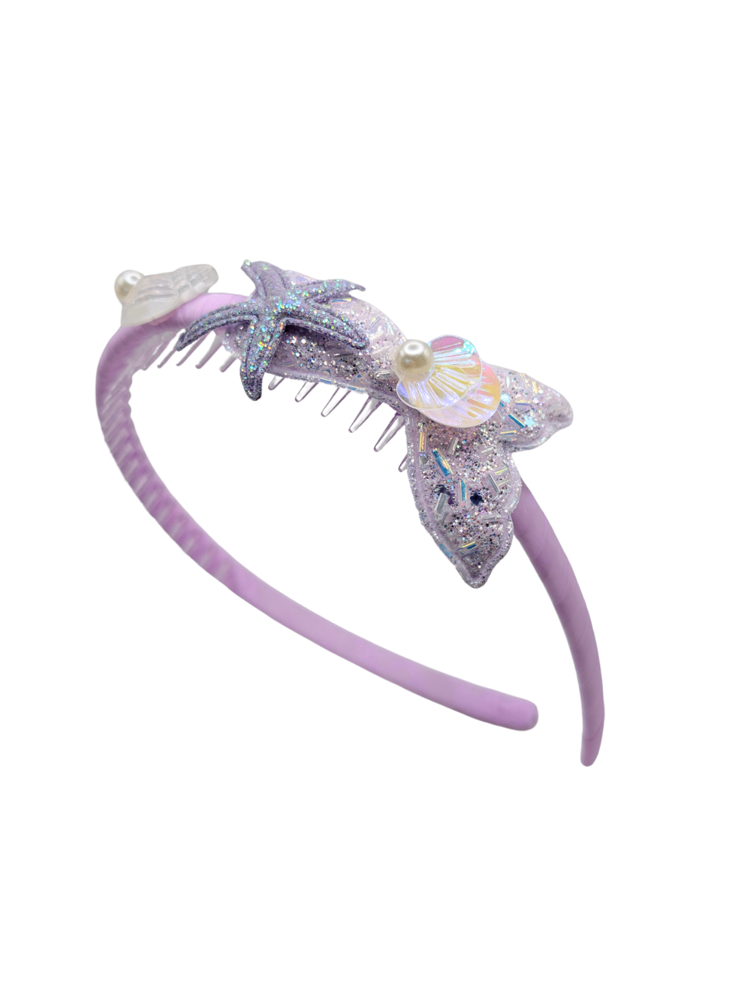Purple mermaid headband with glitter starfish and shell detail