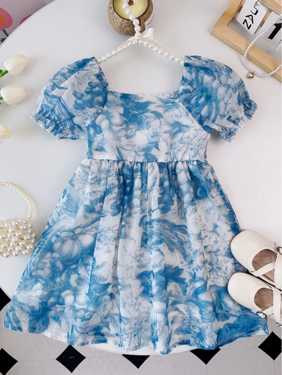 Mia Belle Girls Blue Floral Puff Sleeve Dress | Girls Spring Outfits