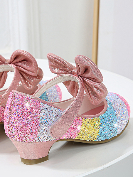 Pink Childrens Sparkly Shoes With Heels Glitter Bowed Princess
