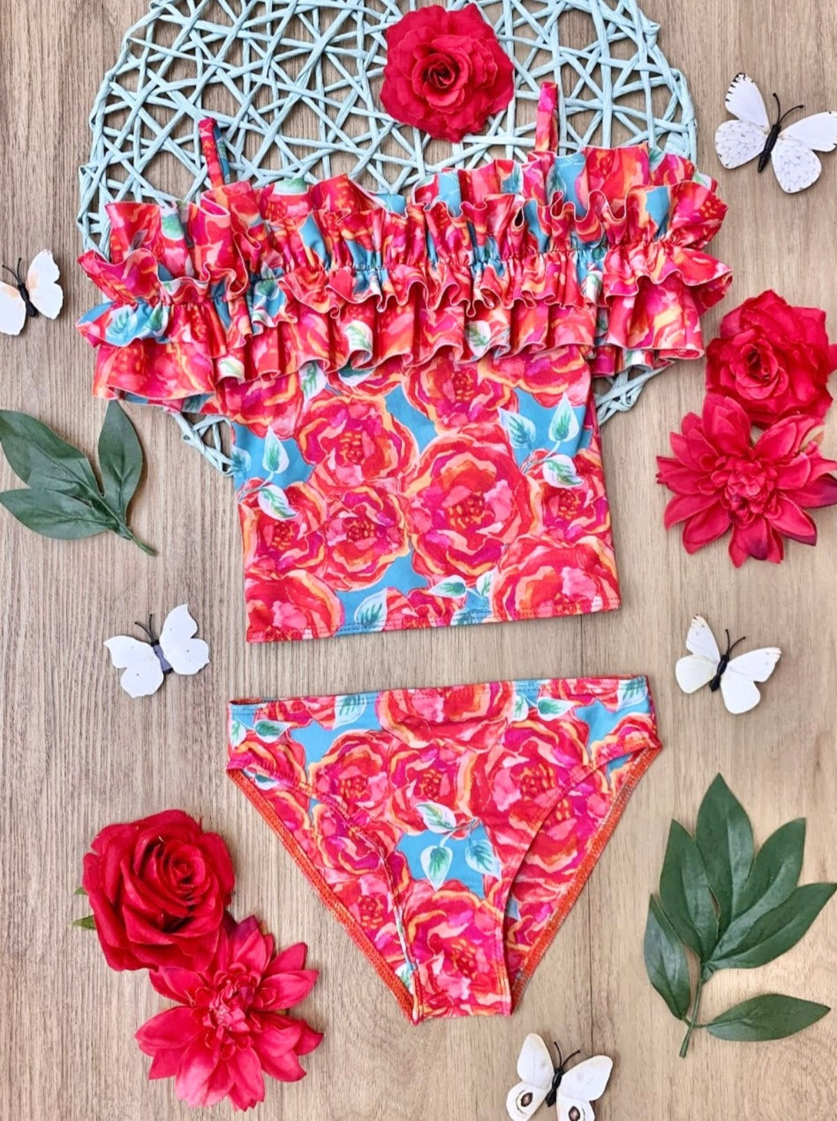 Mia Belle Girls Swimwear | Rose Ruffle Tankini Two Piece Swimsuit