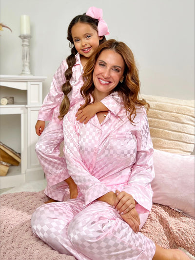 Mia Belle Girls Pink Checkered Silk Pajamas | Mommy and Me Pajamas