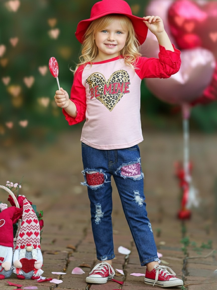 Be Mine Graphic Tee and Sequin Denim Pant Set