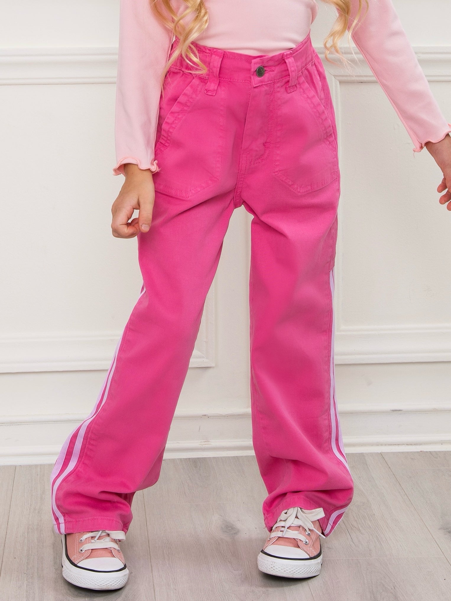 Pink Side Stripe Premium Cotton Wide Leg Chino Pants – Mia Belle Girls
