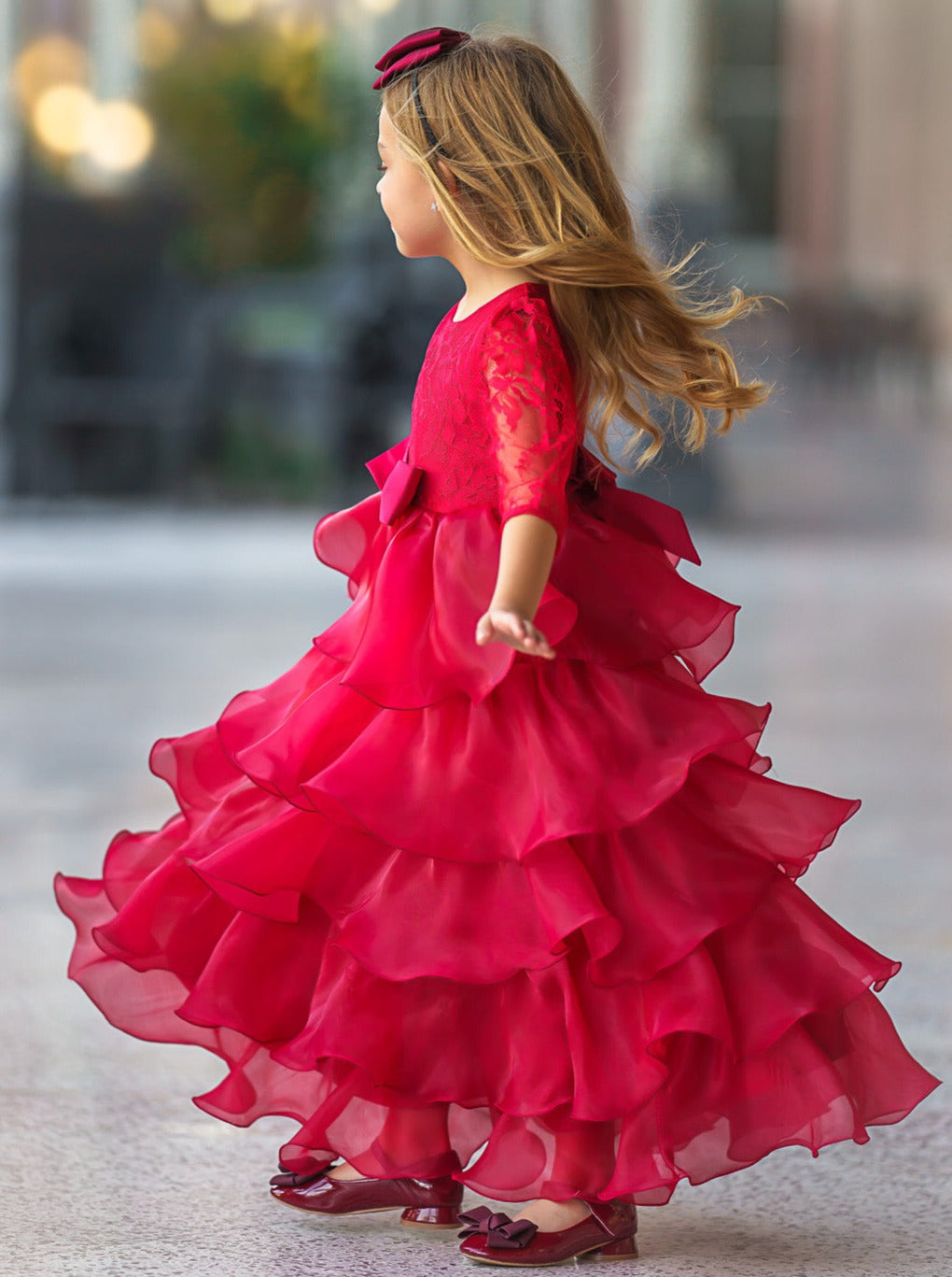 Girls Winter Holiday Dress | 3/4 Sleeve Lace Ruffle Formal Gown