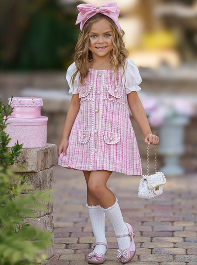Girls Preppy Chic Dresses | Pink Plaid Pearl Dress | Mia Belle Girls