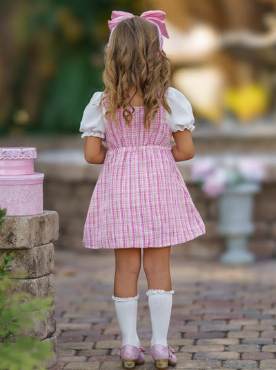 Girls Preppy Chic Dresses | Pink Plaid Pearl Dress | Mia Belle Girls