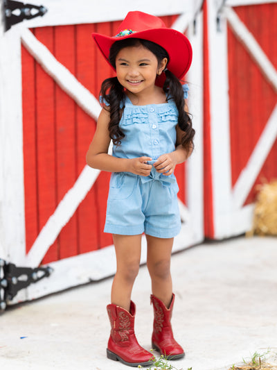 Chambray Ruffle Romper | Kids Cowgirl Fashion | Mia Belle Girls