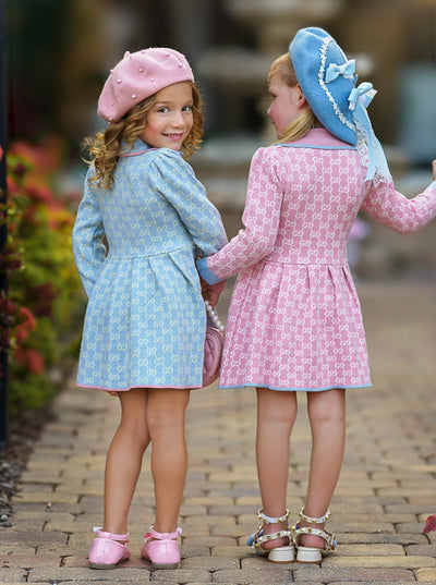 Girls Preppy Chic Dresses | Blue Monogram Knit Dress | Mia Belle Girls