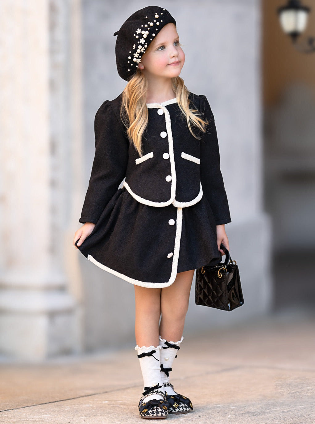 Preppy Chic Sets | Black Eloise Jacket & Skirt Set | Mia Belle Girls