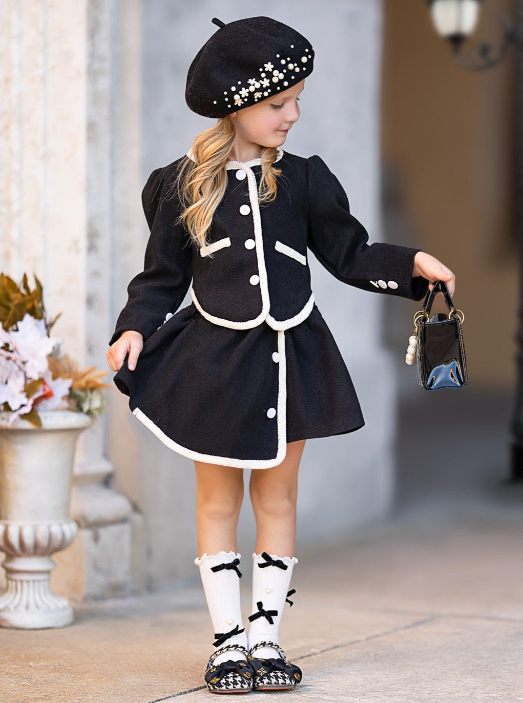 Preppy Chic Sets | Black Eloise Jacket & Skirt Set | Mia Belle Girls