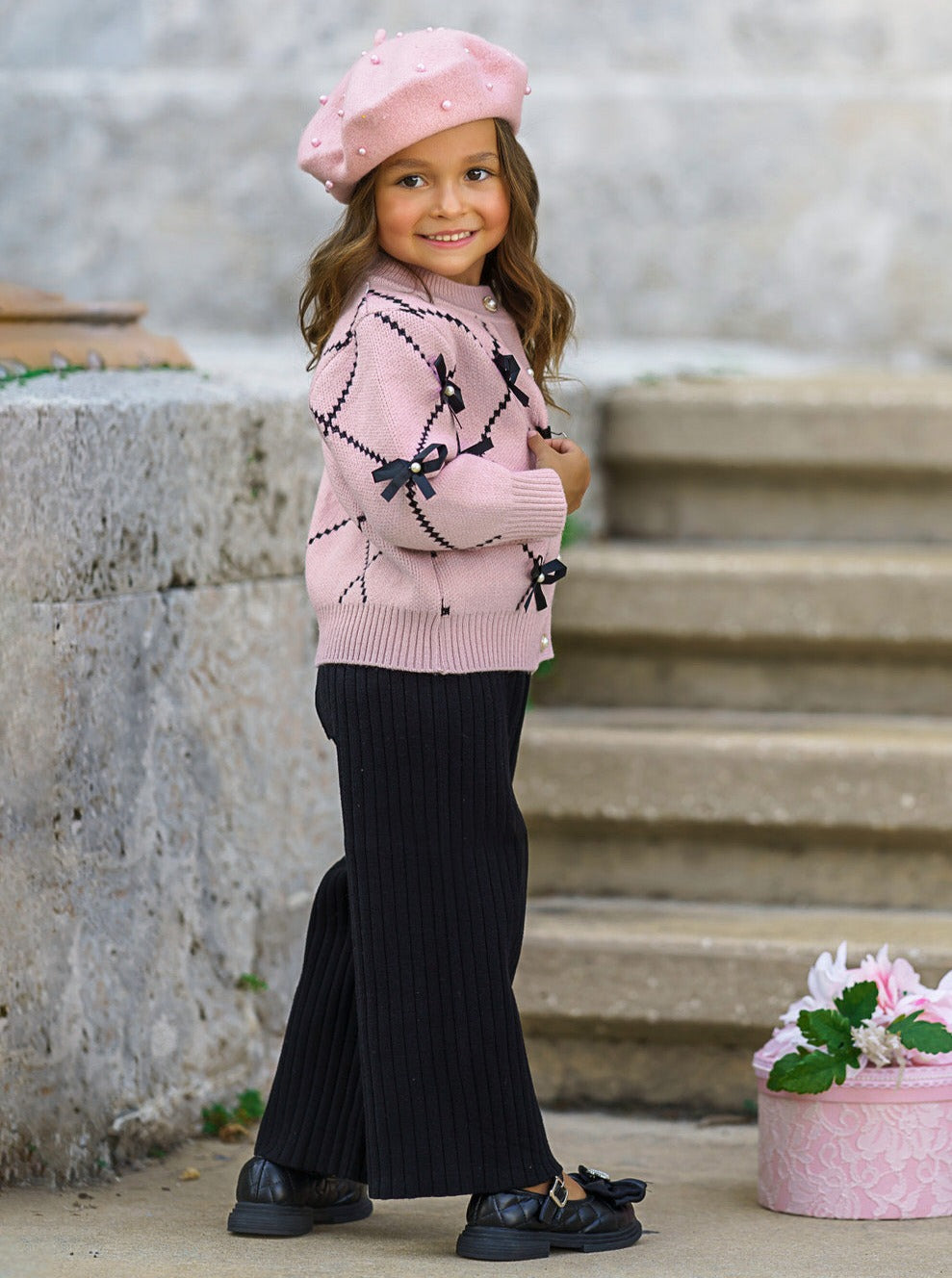 Darling Fashionista Bow-Embellished Pink Sweater & Pants Set