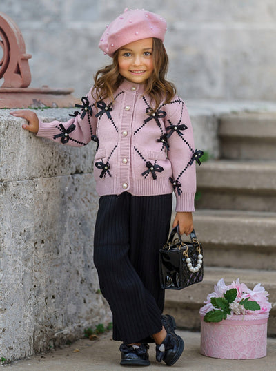 Darling Fashionista Bow-Embellished Pink Sweater & Pants Set