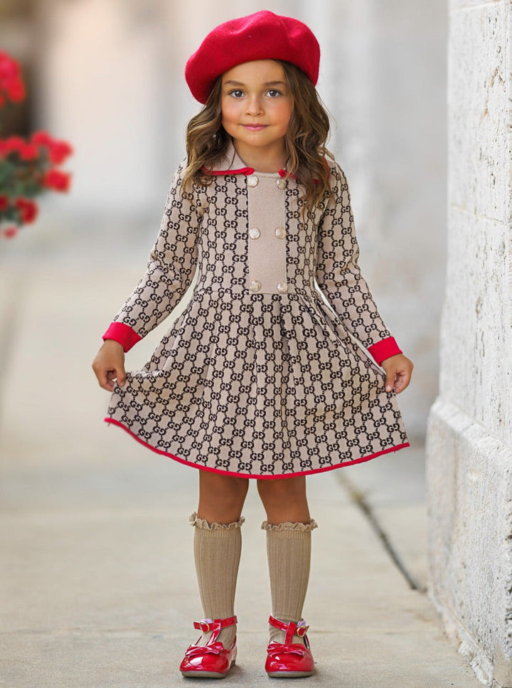 Girls Preppy Chic Dress | Beige Monogram Knit Dress | Mia Belle Girls