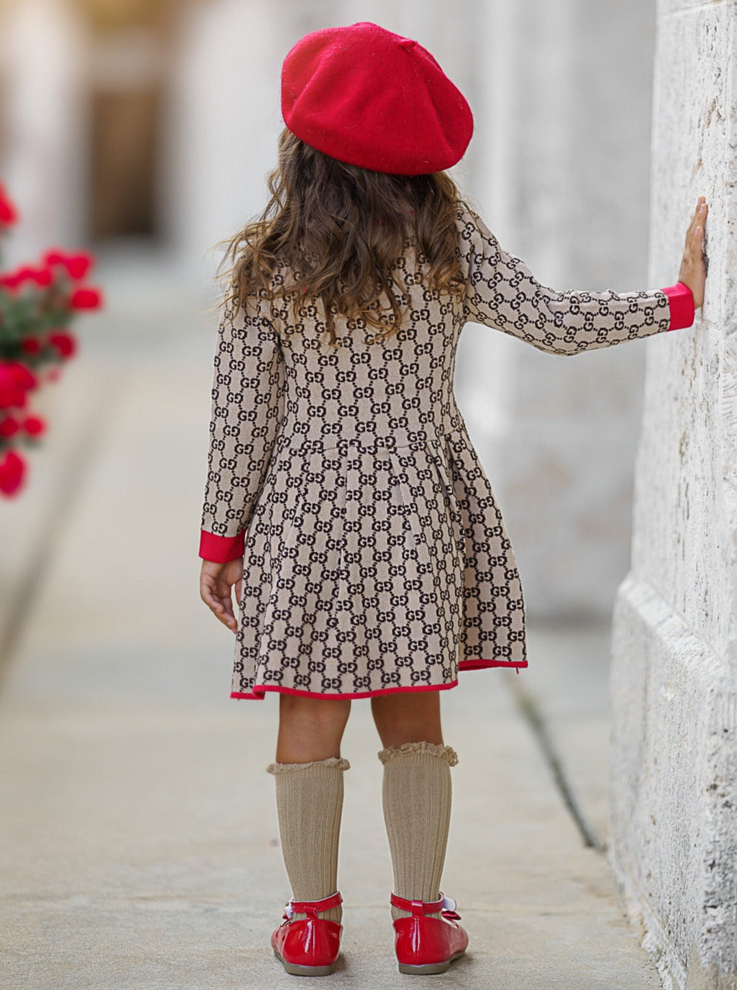 Girls Preppy Chic Dress | Beige Monogram Knit Dress | Mia Belle Girls
