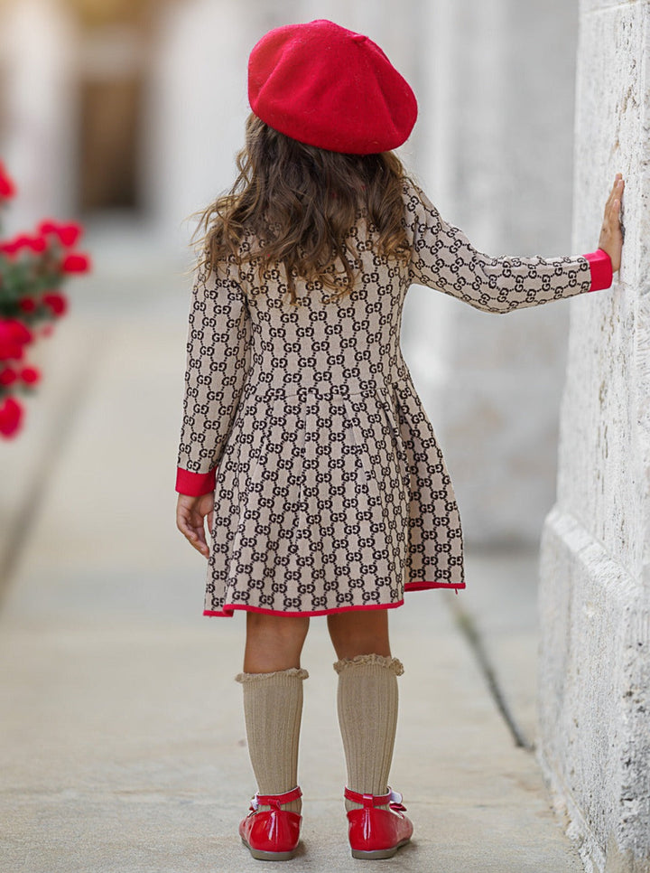 Girls Preppy Chic Dress | Beige Monogram Knit Dress | Mia Belle Girls