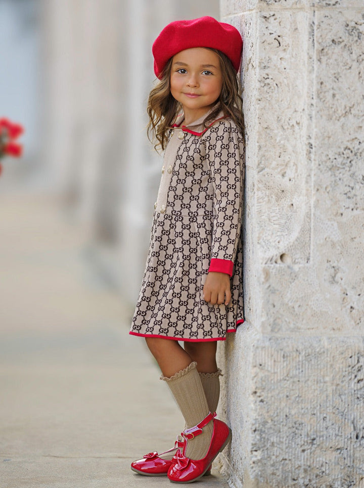 Girls Preppy Chic Dress | Beige Monogram Knit Dress | Mia Belle Girls